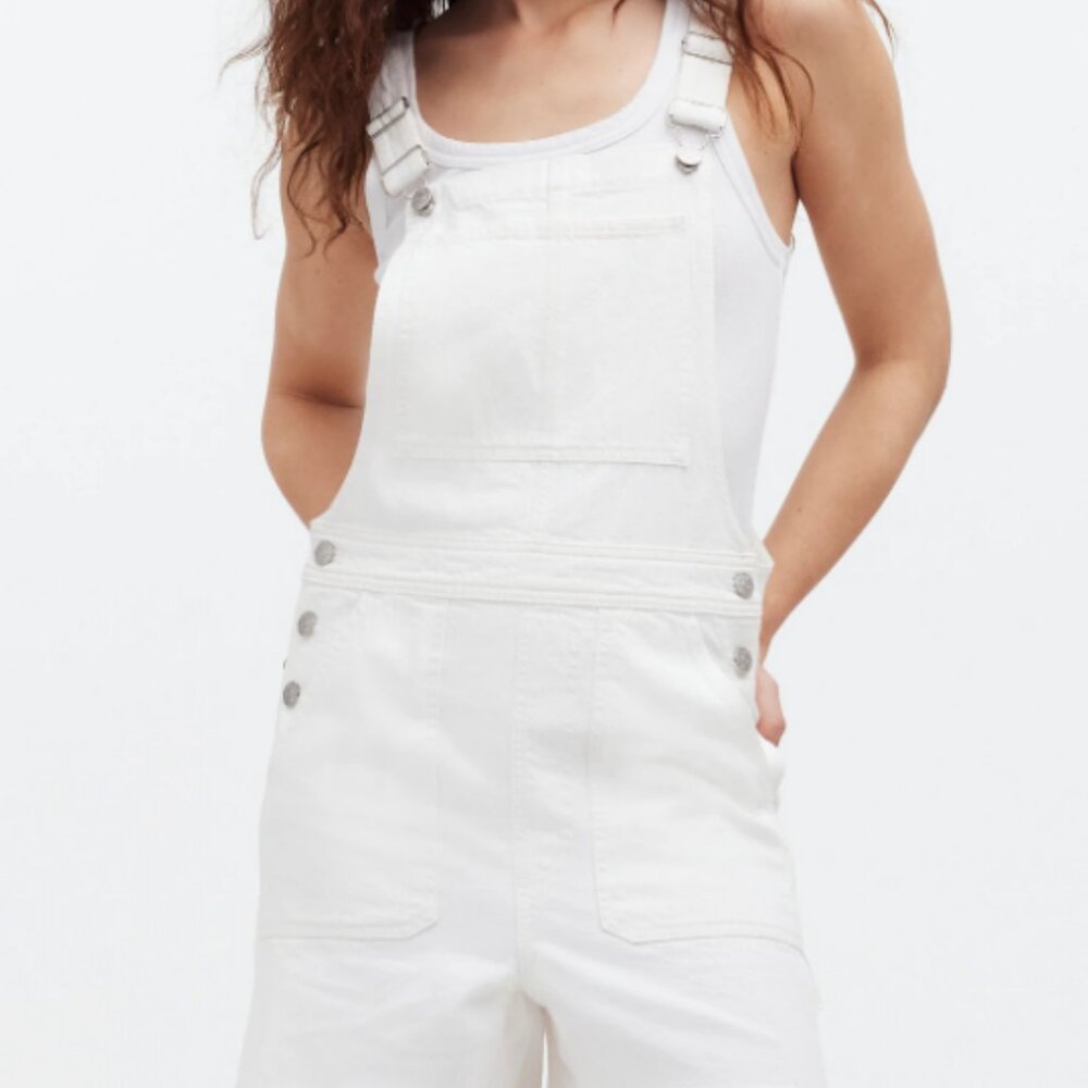 Madewell Cotton Denim Oversized Carpenter Raw Hem Shortalls/Bibs Tile White NWT